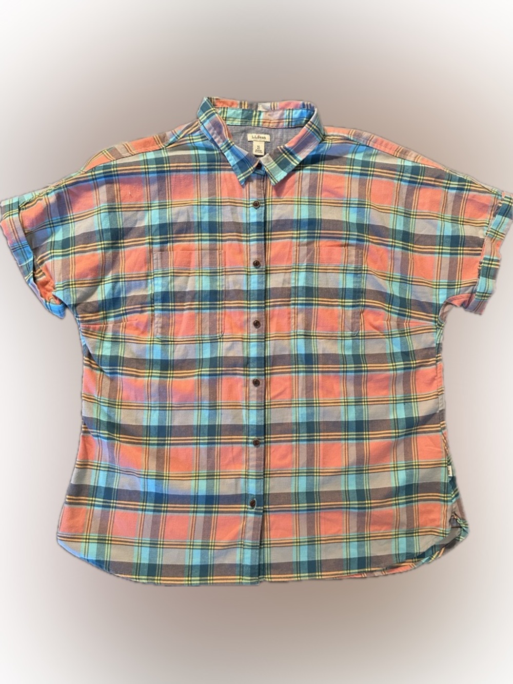 L.L. Bean Women’s Mountainside Coral & Blue Plaid Short-Sleeve Button-Up XL